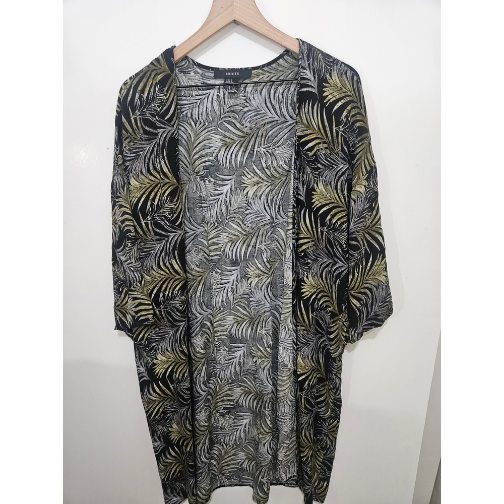 Forever 21 Womens Tropical Palm Leaf Kimono Black Gold Lace Up‎ Back Small